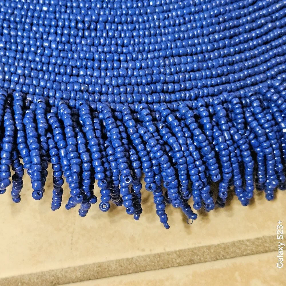 RARE KIM SEYBERT SUMMER BEACH OCEAN NAUTICAL CORAL BLUE FRINGE BEADED PLACEMAT